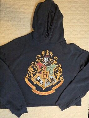 Harry Potter Hogwarts Crest Black Cropped Hoodie Size L